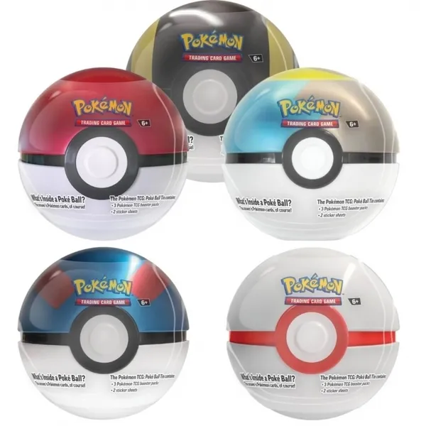 Pokeball Tin, incluye 3 sobres cartas pokémon y 1 moneda